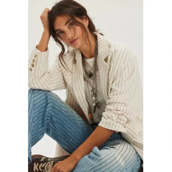 Free People Reggie Oversized White Striped Blazer - Picture 2 of 11